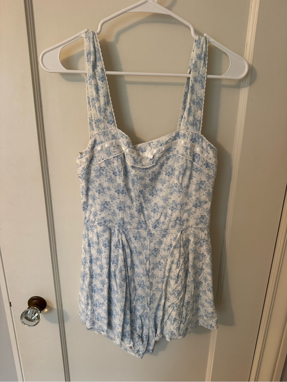 Altar'd State White Camisole Romper with Light Blue Floral Print